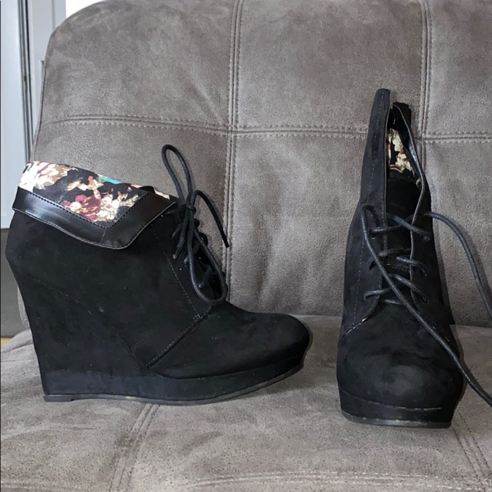 Black Wedge Heel Booties